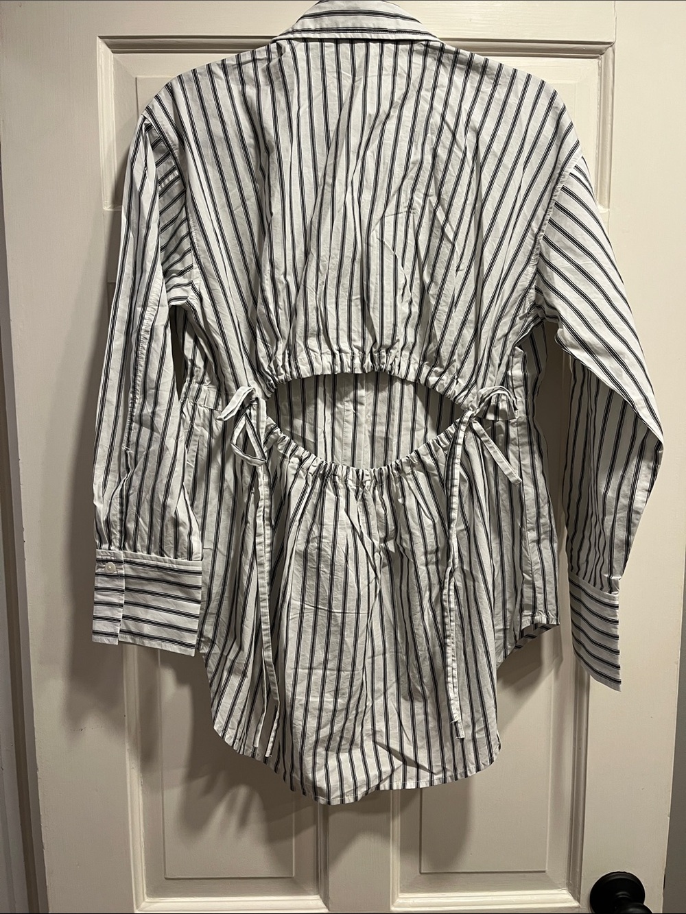 LOFT White and Black Vertical Stripe Button-Down Shirt with back opening.